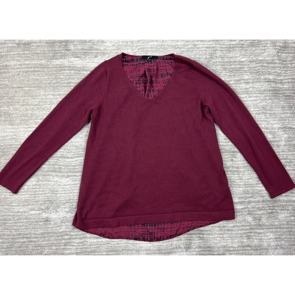 GNW Sweater Top Womens Medium Burgundy Mixed Media Split Back V-Neck Pullover